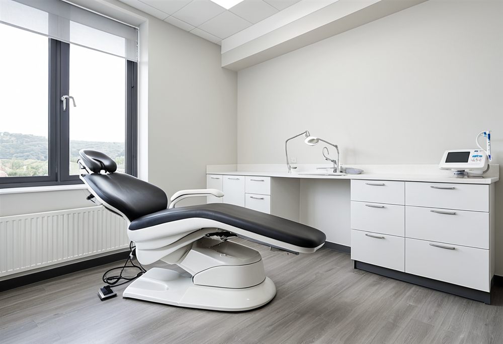 Unidad dental en consultorio moderno, estilo de la sesión fotográfica incluida